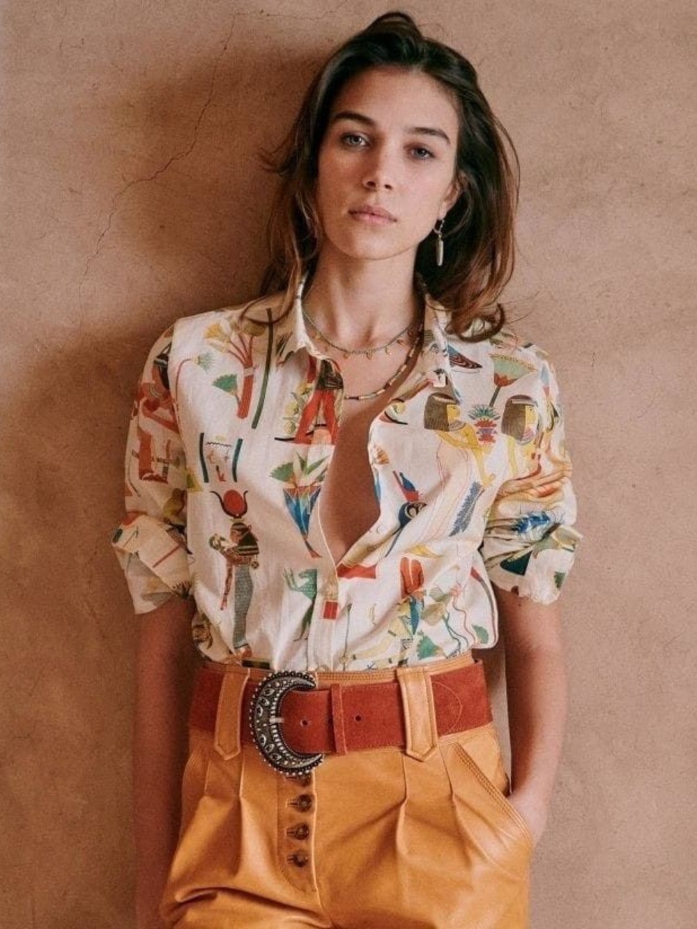 Sezane Pierro Shirt in Egypt Print Size 4 FR 36 Cotton Button Down Top Rare